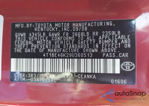 2009 Toyota Camry Le z USA, uszkodzony, nr VIN 4T1BE46K29U360513